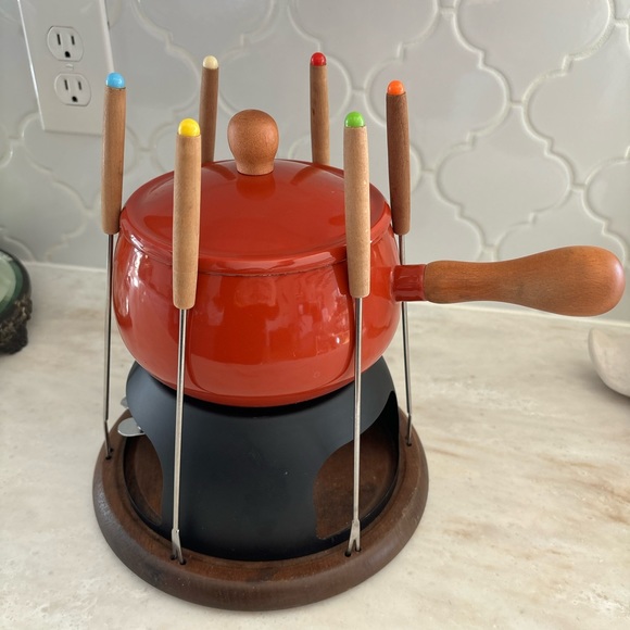 Other - Vintage Danish Modern Full Fondue Set Orange Porcelain Enamel Pot Lid & Skewers